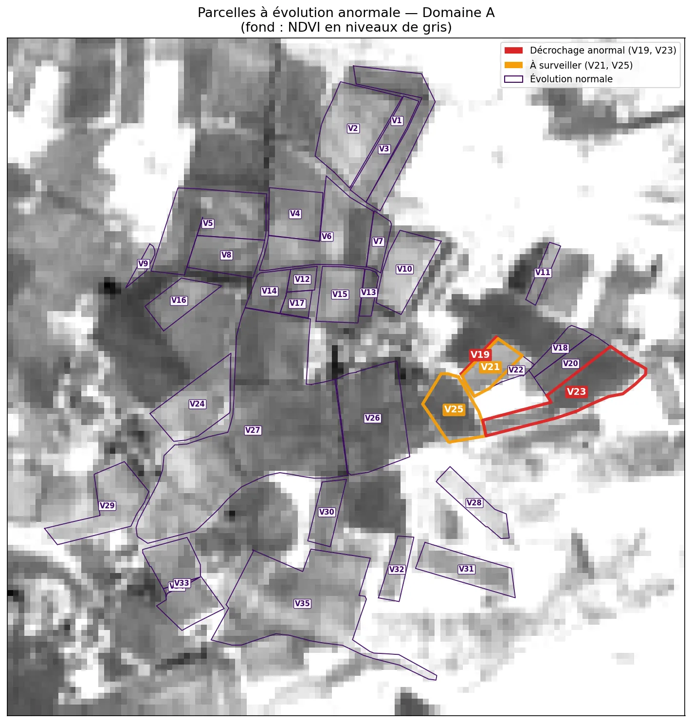 Carte satellite d'un domaine viticole de l'AOC Cahors : deux parcelles en anomalie de vigueur signalées en orange à l'est du domaine