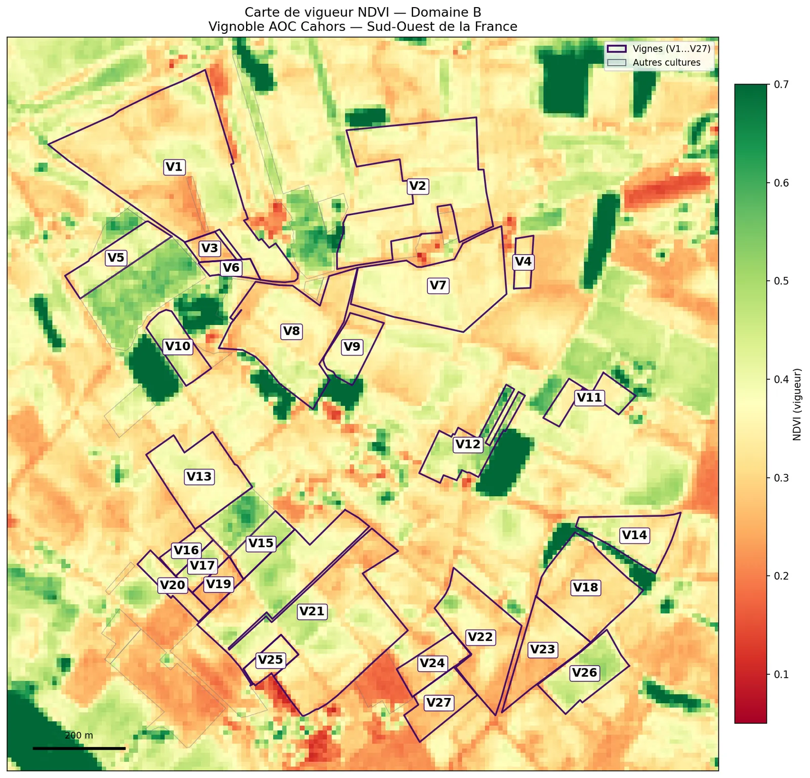 Exemple de carte de vigueur NDVI livrée dans le diagnostic : parcelles numérotées, code couleur du vert à l'orange